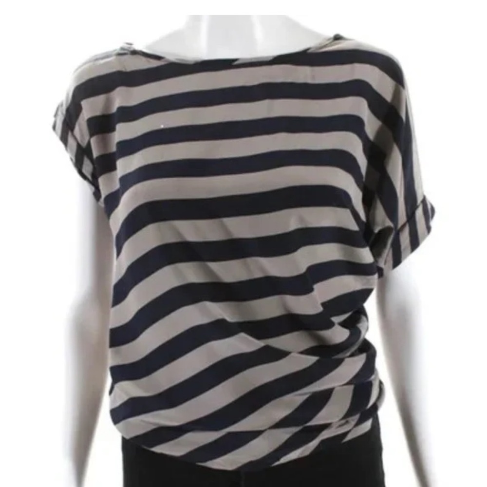BCBGMaxAzria Womens Striped Lacey Blouse Beige Navy Blue